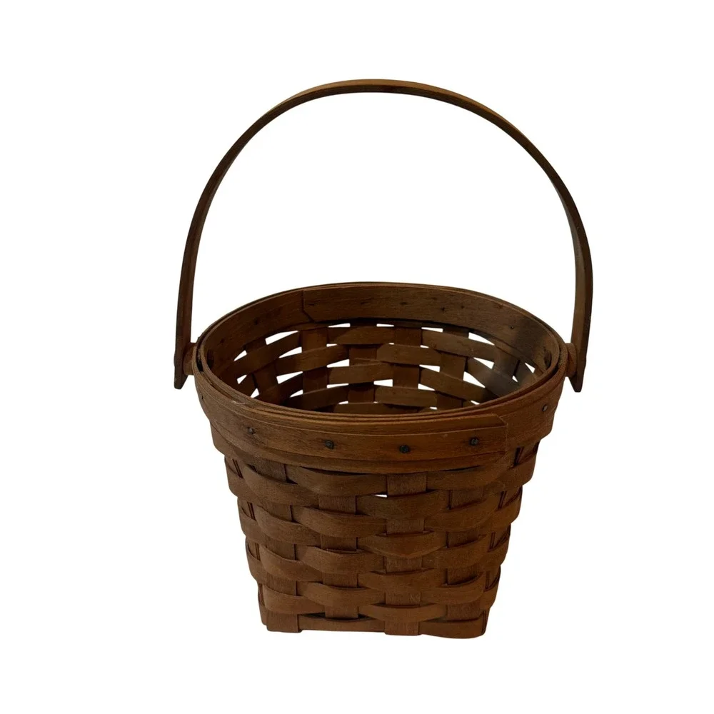 Longaberger Handwoven Basket Round Top Square Base Brown Wood USA Cottage core